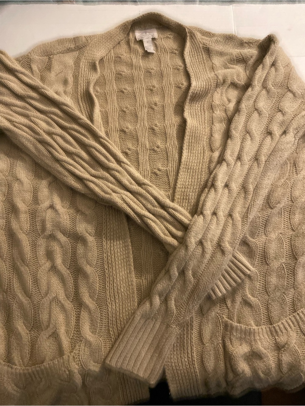 Fall khaki St. John Cable Knit women’s cardigan